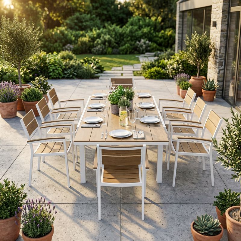 VIDUUS - set tavolo in alluminio e polywood cm 200/300 x 95 x 74 h con 8 poltrone Viduus