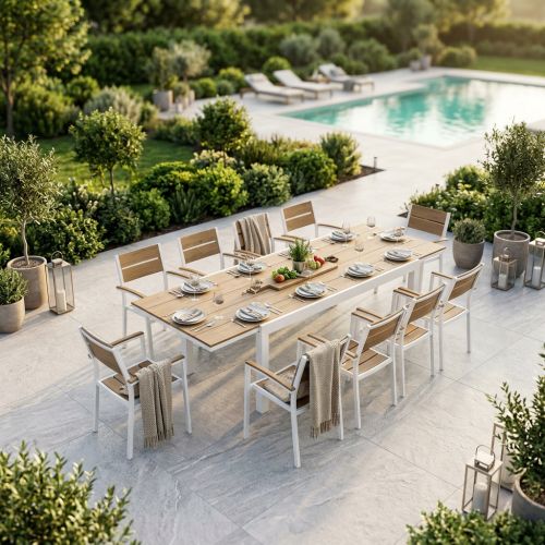 VIDUUS - set tavolo in alluminio e polywood cm 200/300 x 95 x 74 h con 10 poltrone Viduus