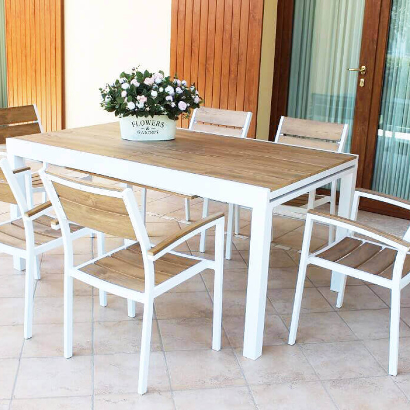 VIDUUS - set tavolo in alluminio e teak cm 200/300 x 95 x 74 h con 10 poltrone Viduus