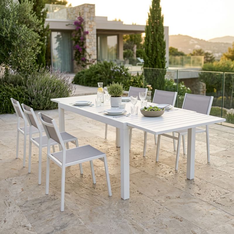 DEXTER - set tavolo in alluminio cm 160/240 x 90 x 75 h con 6 sedie Aulus