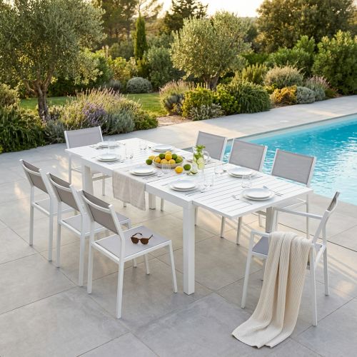 DEXTER - set tavolo in alluminio cm 160/240 x 90 x 75 h con 8 sedie Aulus