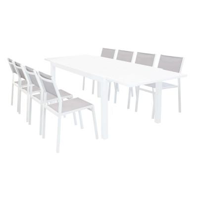 DEXTER - set tavolo in alluminio e teak cm 160/240 x 90 x 75 h con 8 sedie Aulus