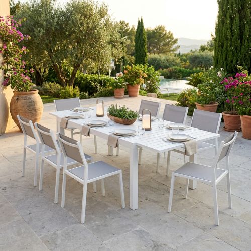 DEXTER - set tavolo in alluminio cm 160/240 x 90 x 75 h con 8 sedie Aulus