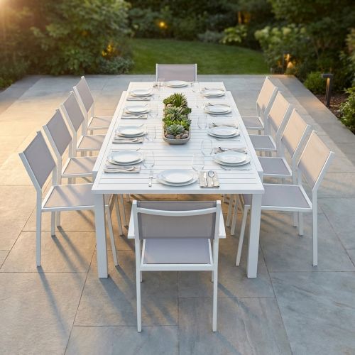 DEXTER - set tavolo in alluminio cm 200/300 x 100 x 74 h con 10 sedie Aulus