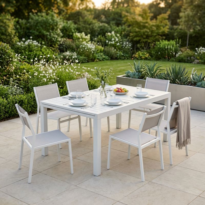 DEXTER - set tavolo in alluminio cm 200/300 x 100 x 74 h con 6 sedie Aulus