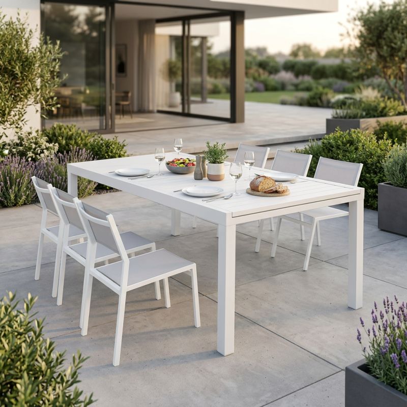 DEXTER - set tavolo in alluminio cm 200/300 x 100 x 74 h con 6 sedie Aulus