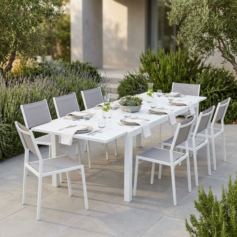 DEXTER - set tavolo in alluminio cm 200/300 x 100 x 74 h con 8 sedie Aulus