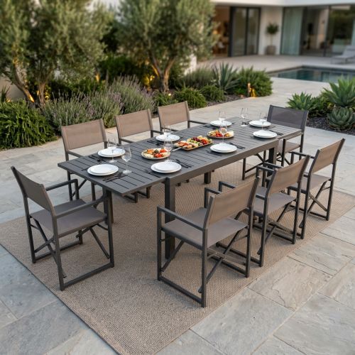 DEXTER - set tavolo in alluminio cm 160/240 x 90 x 75 h con 8 poltrone Carpenter