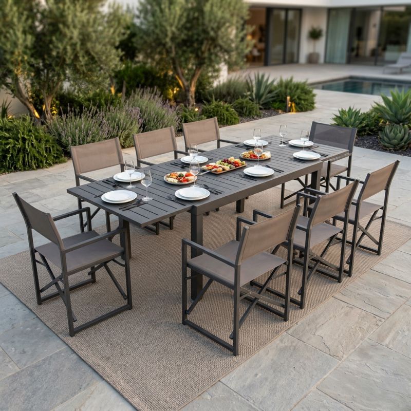 DEXTER - set tavolo in alluminio cm 160/240 x 90 x 75 h con 8 poltrone Carpenter