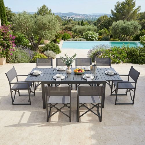 DEXTER - set tavolo in alluminio cm 160/240 x 90 x 75 h con 8 poltrone Carpenter