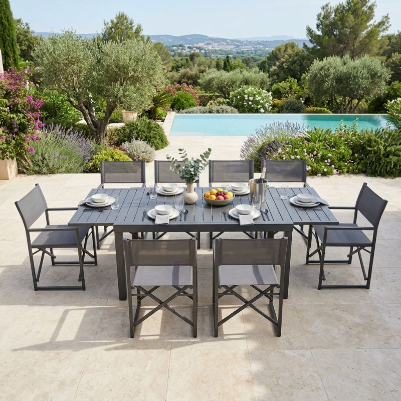 DEXTER - set tavolo in alluminio cm 160/240 x 90 x 75 h con 8 poltrone Carpenter