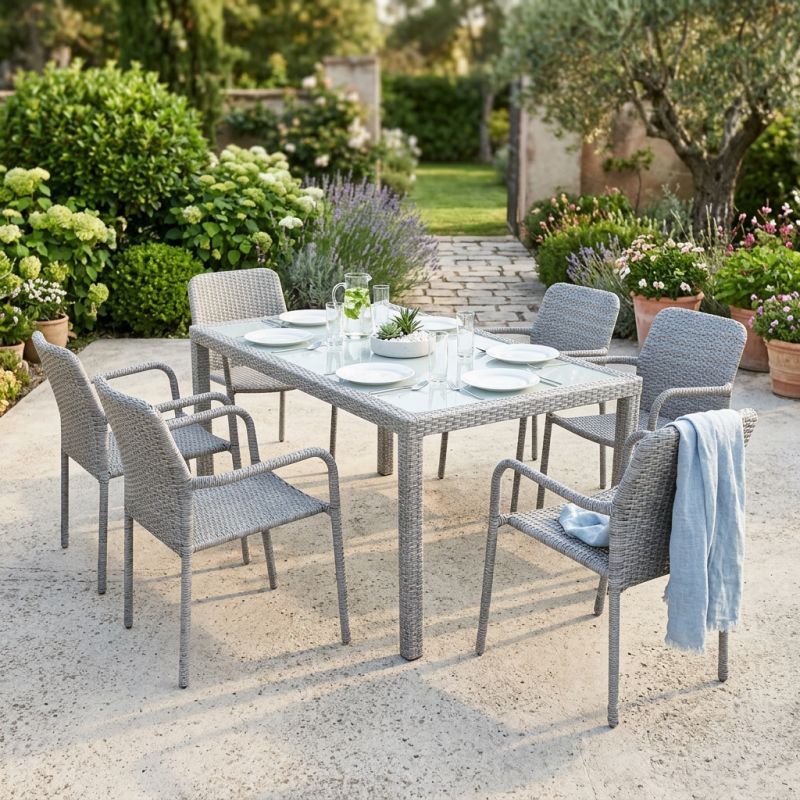 AXONA - set tavolo in wicker cm 150 x 90 con 6 poltrone Axona