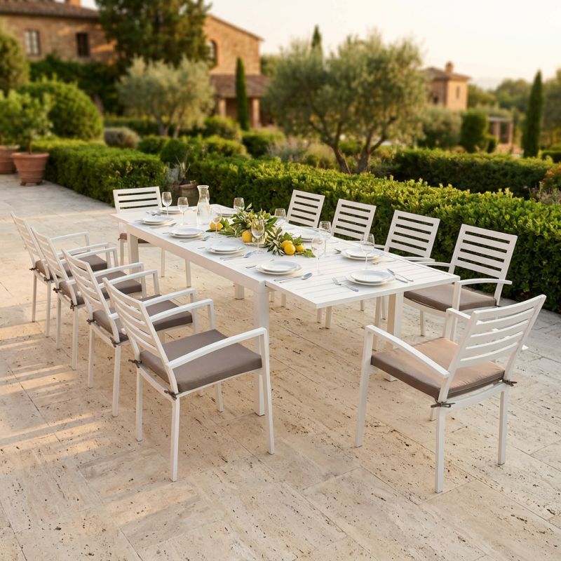 DEXTER - set tavolo in alluminio cm 200/300 x 100 x 74 h con 10 poltrone Dexter