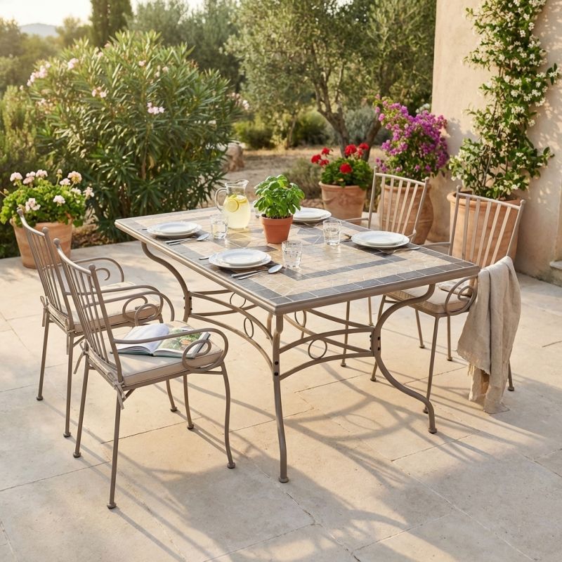 VENTUS - set tavolo in ferro cm 160 x 90 x 74 h con 4 poltrone Ventus