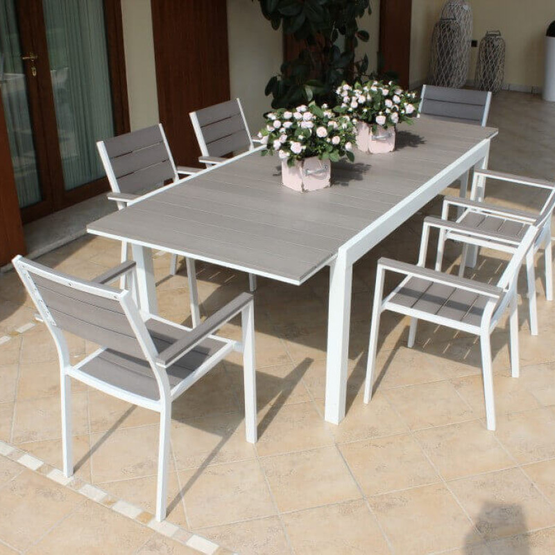 TRIUMPHUS - set tavolo in alluminio e teak cm 180/240 x 100 x 73 h con 8 poltrone Xanthus