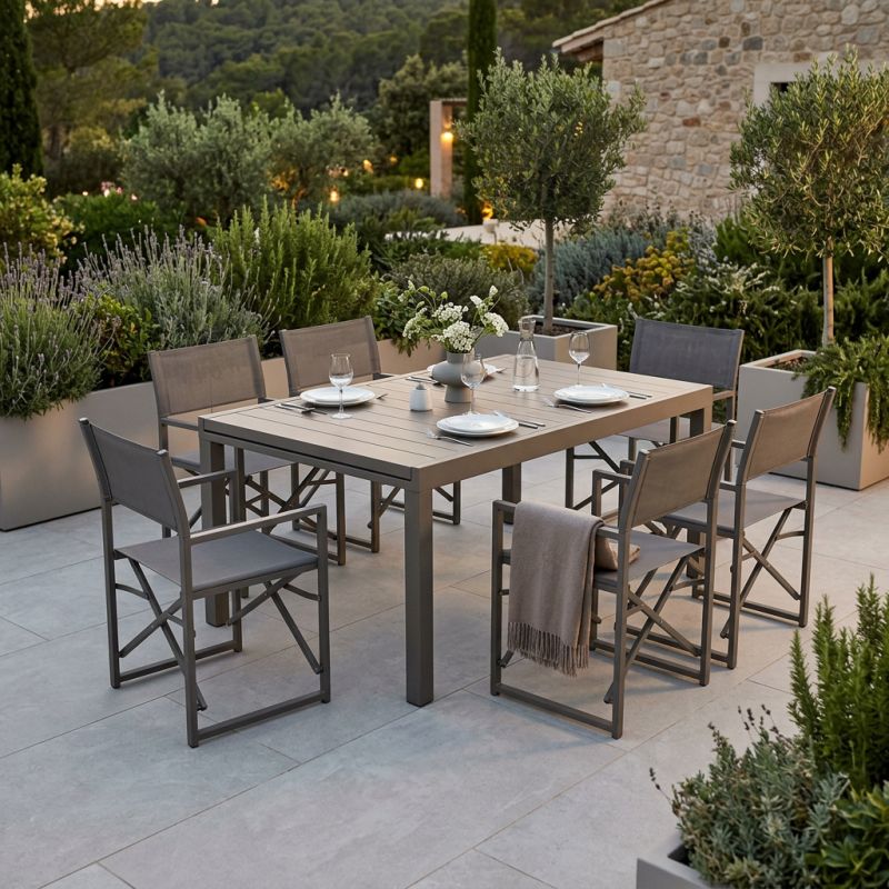 DEXTER - set tavolo in alluminio cm 200/300 x 100 x 74 h con 6 poltrone Carpenter