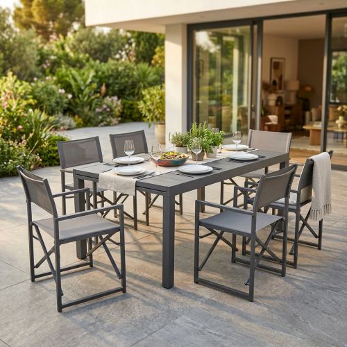 DEXTER - set tavolo in alluminio cm 200/300 x 100 x 74 h con 6 poltrone Carpenter