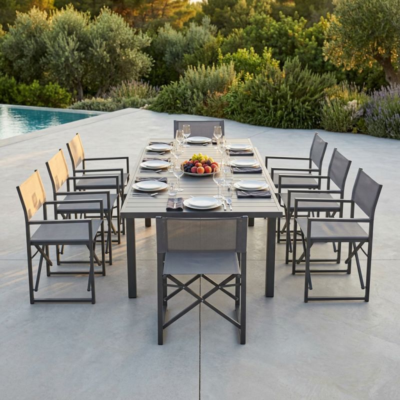 DEXTER - set tavolo in alluminio cm 200/300 x 100 x 74 h con 8 poltrone Carpenter