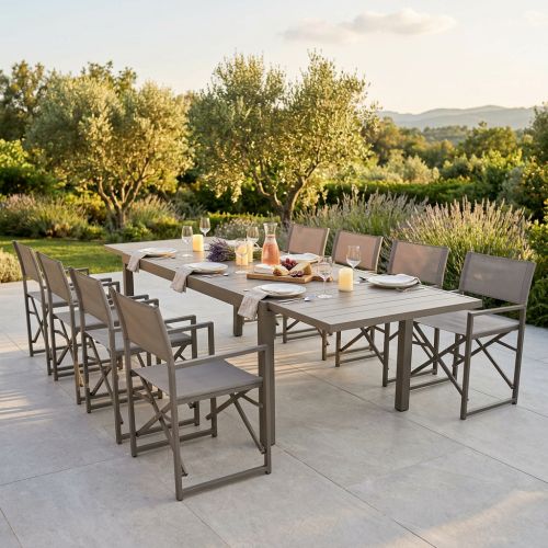 DEXTER - set tavolo in alluminio cm 200/300 x 100 x 74 h con 8 poltrone Carpenter