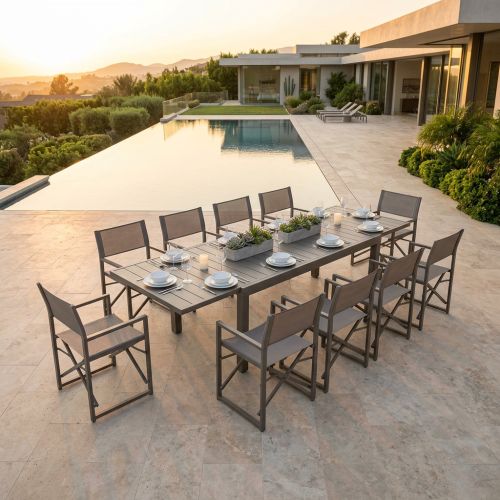 DEXTER - set tavolo in alluminio cm 200/300 x 100 x 74 h con 10 poltrone Carpenter