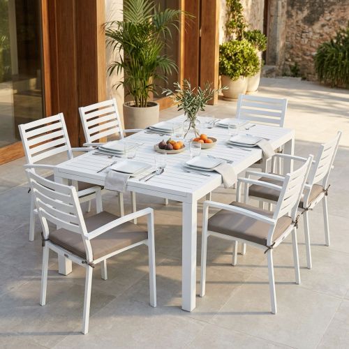 DEXTER - set tavolo in alluminio cm 200/300 x 100 x 74 h con 6 poltrone Dexter