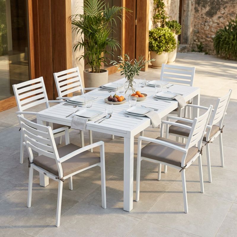 DEXTER - set tavolo in alluminio cm 200/300 x 100 x 74 h con 6 poltrone Dexter