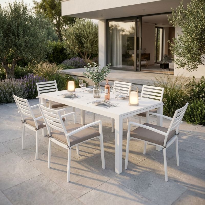 DEXTER - set tavolo in alluminio cm 200/300 x 100 x 74 h con 6 poltrone Dexter