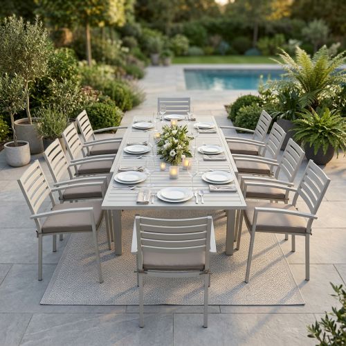 DEXTER - set tavolo in alluminio cm 200/300 x 100 x 74 h con 10 poltrone Dexter