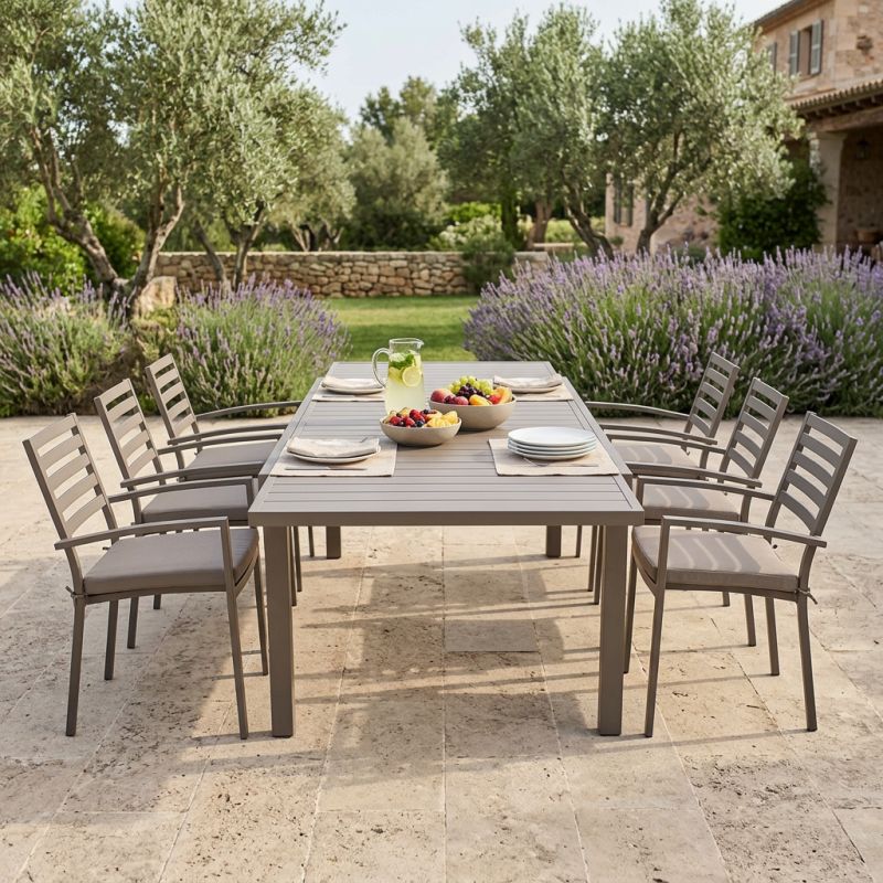 DEXTER - set tavolo in alluminio cm 200/300 x 100 x 74 h con 6 poltrone Dexter