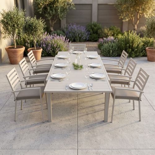 DEXTER - set tavolo in alluminio cm 200/300 x 100 x 74 h con 6 poltrone Dexter