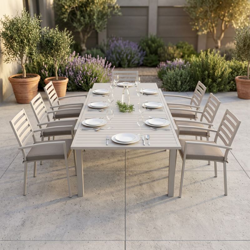 DEXTER - set tavolo in alluminio cm 200/300 x 100 x 74 h con 6 poltrone Dexter