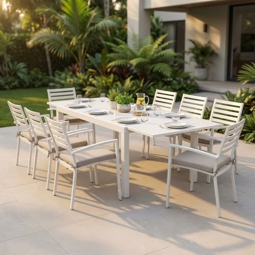 DEXTER - set tavolo in alluminio cm 200/300 x 100 x 74 h con 8 poltrone Dexter