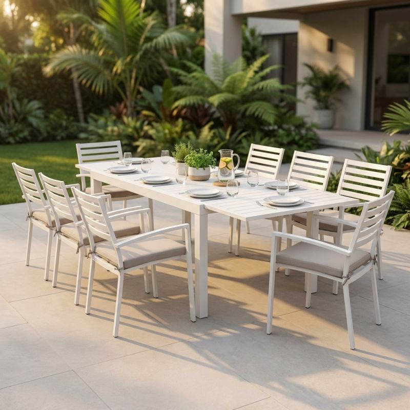 DEXTER - set tavolo in alluminio cm 200/300 x 100 x 74 h con 8 poltrone Dexter