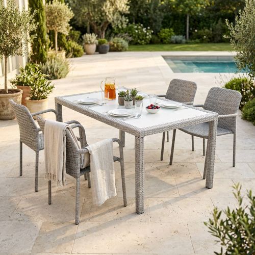 AXONA - set tavolo in wicker cm 150 x 90 con 4 poltrone Axona