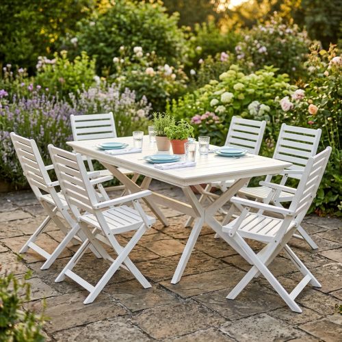 CAESAR - set tavolo in legno massiccio di acacia con 6 poltrone Sortis