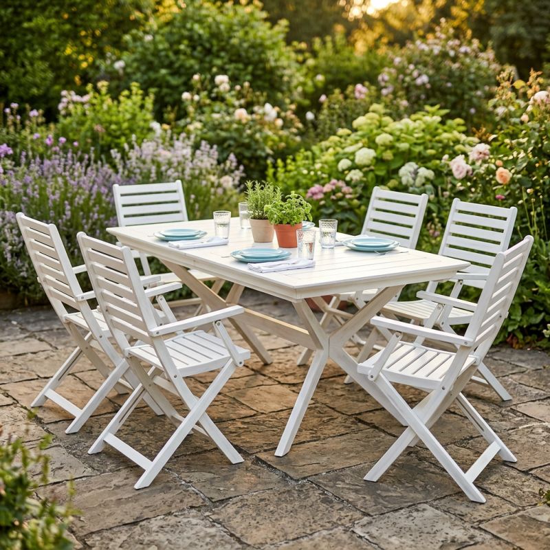 CAESAR - set tavolo in legno massiccio di acacia con 6 poltrone Sortis