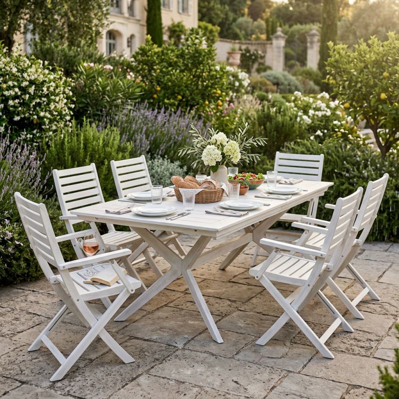 CAESAR - set tavolo in legno massiccio di acacia con 6 poltrone Sortis