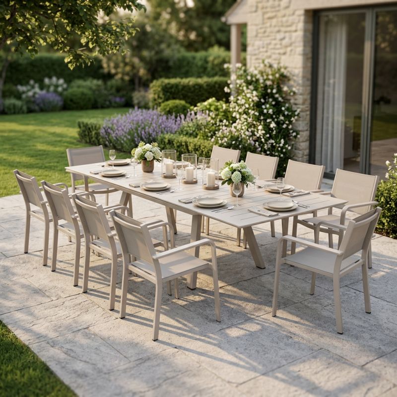 SPLENDOR - set tavolo in alluminio cm 200/300 x 110 x 75 h con 10 poltrone Splendor