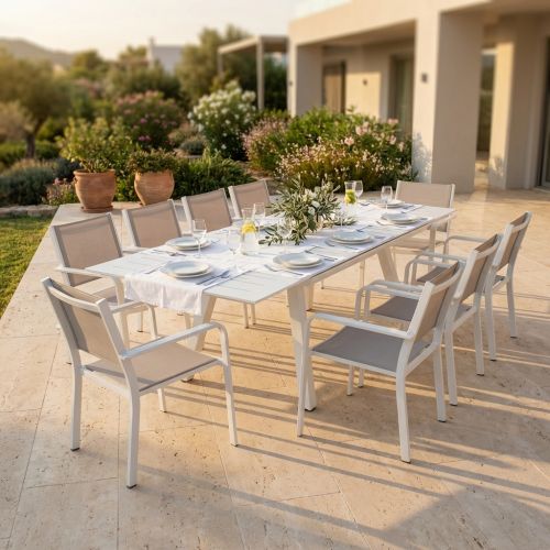 SPLENDOR - set tavolo in alluminio cm 200/300 x 110 x 75 h con 10 poltrone Splendor