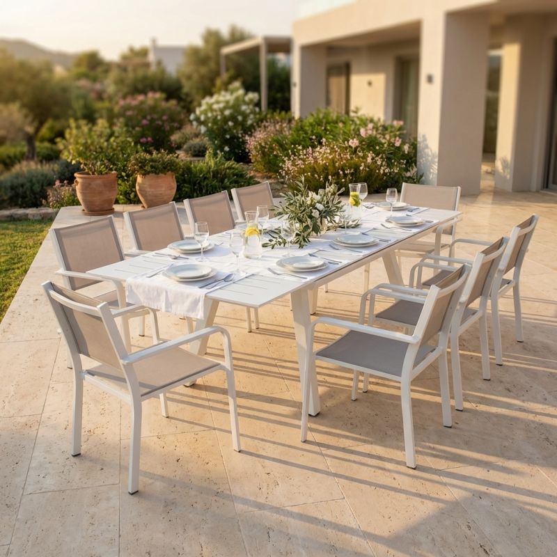 SPLENDOR - set tavolo in alluminio cm 200/300 x 110 x 75 h con 10 poltrone Splendor