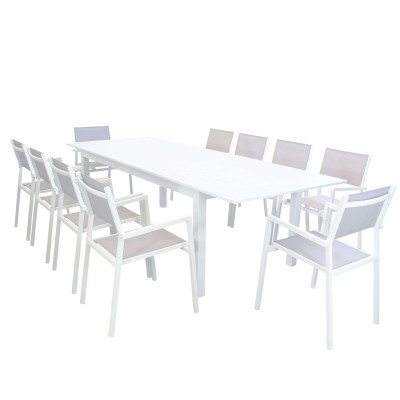 ARGENTUM - set tavolo in alluminio cm 220/280 x 100 x 75 h con 10 poltrone Aulus