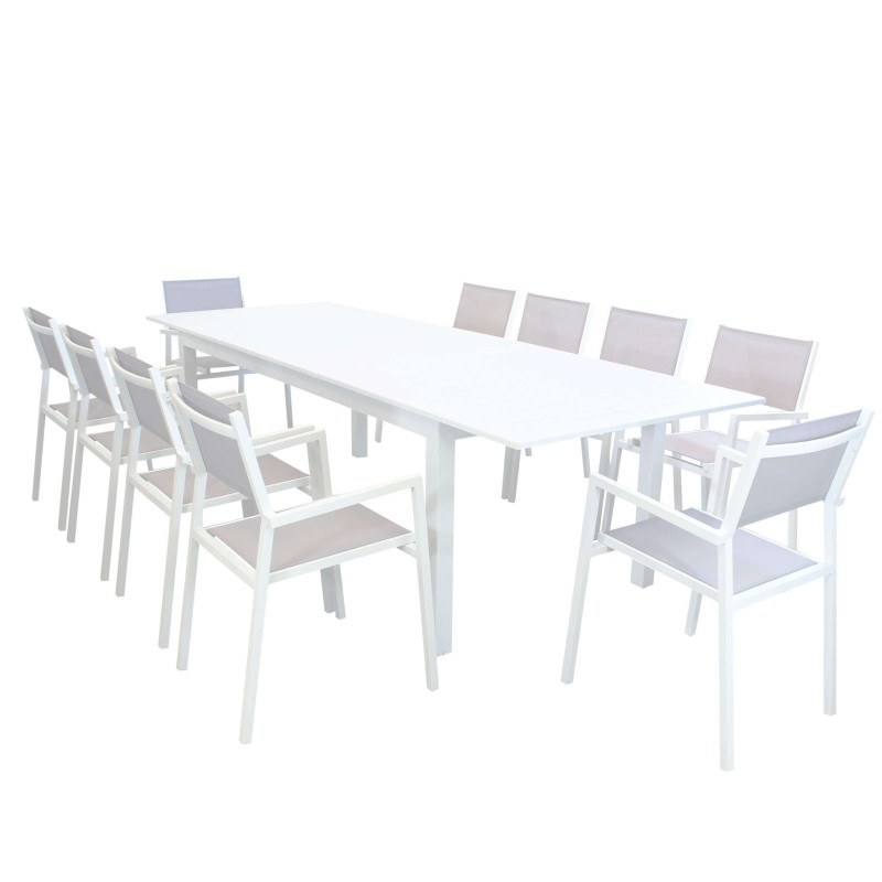 ARGENTUM - set tavolo in alluminio cm 220/280 x 100 x 75 h con 10 poltrone Aulus