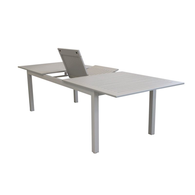 ARGENTUM - set tavolo in alluminio e teak cm 220/280 x 100 x 75 h con 8 poltrone Aulus