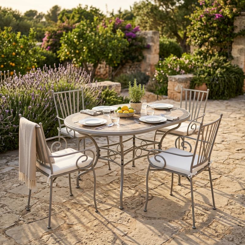 VENTUS - set tavolo in ferro cm 160 x 90 x 74 h con 4 poltrone Ventus