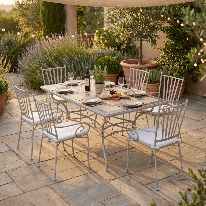 VENTUS - set tavolo in ferro cm 160 x 90 x 74 h con 6 poltrone Ventus