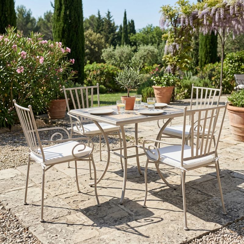 VENTUS - set tavolo in ferro cm 80 x 80 x 74 h con 4 poltrone Ventus