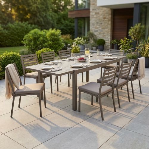 DEXTER - set tavolo in alluminio cm 200/300 x 100 x 74 h con 8 sedie Dexter