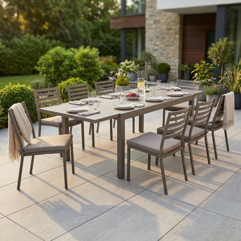 DEXTER - set tavolo in alluminio cm 200/300 x 100 x 74 h con 8 sedie Dexter