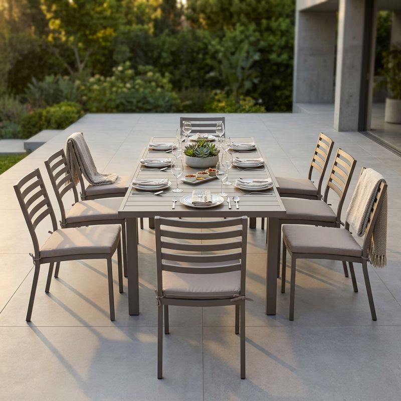 DEXTER - set tavolo in alluminio cm 200/300 x 100 x 74 h con 8 sedie Dexter