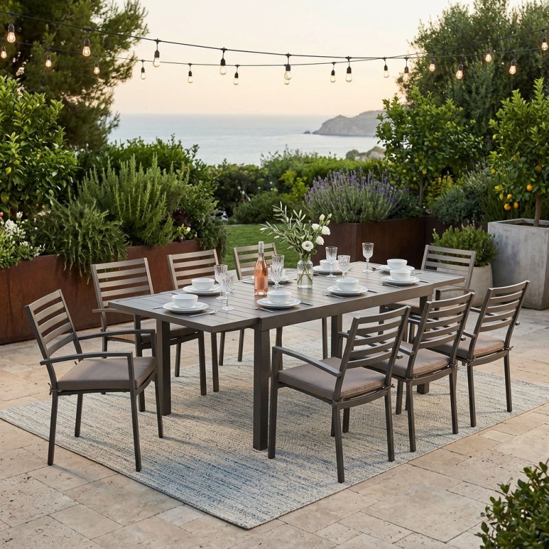 DEXTER - set tavolo in alluminio cm 200/300 x 100 x 74 h con 8 poltrone Dexter